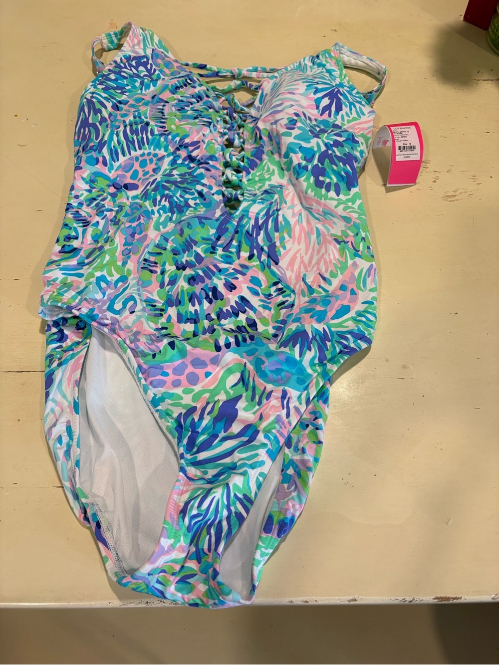 Lilly Pulitzer Lace-Up One-Piece Swimsuit in Blue, Green, Pink NWT 12